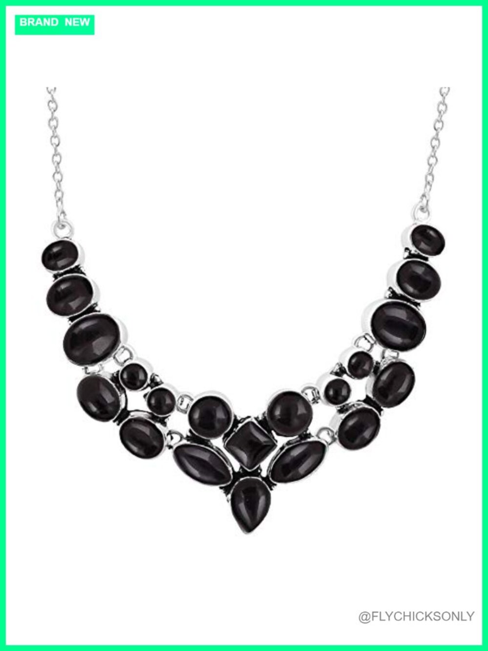 925 Silver Plated Brass Black Onyx Multi Shape Gemstone Statement Necklace 18in